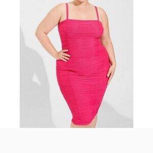 Torrid Pink Peacock Mesh Shirred Bodycon Midi Dress